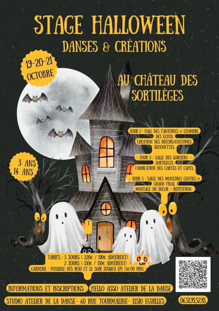 Affiche du stage de la Toussaint 2026 : 19, 20 et 21 octobre, thème Château des sortilèges, pour les 3 à 14 ans